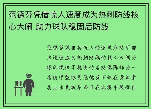 范德芬凭借惊人速度成为热刺防线核心大闸 助力球队稳固后防线