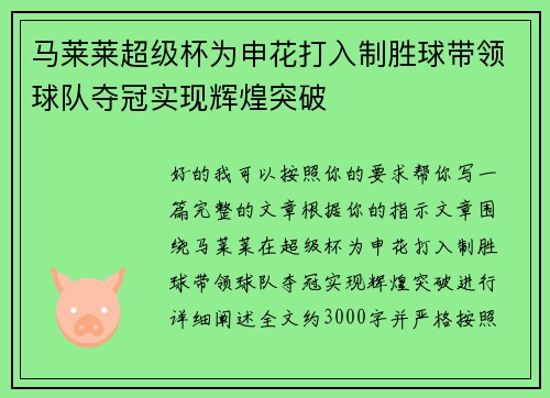 马莱莱超级杯为申花打入制胜球带领球队夺冠实现辉煌突破